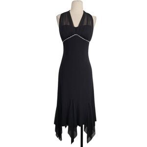 Vtg 90s Alyn Paige Black Strapless Halter Dress Sz S‎ Peaked Hem Mesh Party